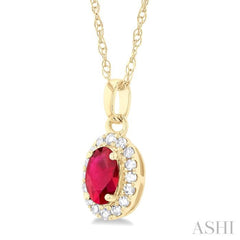 5x3 MM Oval Shape Ruby and 1/20 Ctw Single Cut Diamond Halo Precious Pendant with Chain in 10K Yellow Gold 5x3 MM Oval Shape Ruby and 1/20 Ctw Single Cut Diamond Halo Precious Pendant with Chain in 10K Yellow Gold