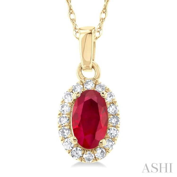 5x3 MM Oval Shape Ruby and 1/20 Ctw Single Cut Diamond Halo Precious Pendant with Chain in 10K Yellow Gold 5x3 MM Oval Shape Ruby and 1/20 Ctw Single Cut Diamond Halo Precious Pendant with Chain in 10K Yellow Gold