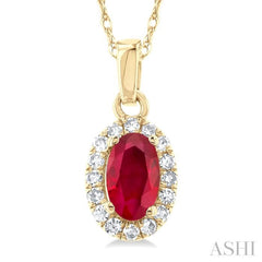 5x3 MM Oval Shape Ruby and 1/20 Ctw Single Cut Diamond Halo Precious Pendant with Chain in 10K Yellow Gold 5x3 MM Oval Shape Ruby and 1/20 Ctw Single Cut Diamond Halo Precious Pendant with Chain in 10K Yellow Gold