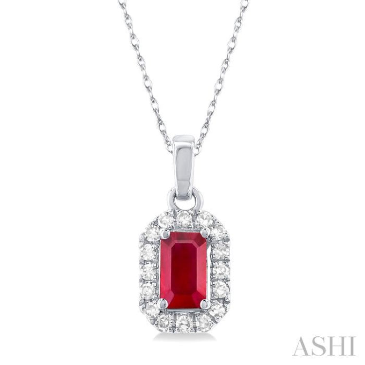 5x3 MM Octagonal Shape Ruby and 1/20 Ctw Single Cut Diamond Halo Precious Pendant with Chain in 10K White Gold 5x3 MM Octagonal Shape Ruby and 1/20 Ctw Single Cut Diamond Halo Precious Pendant with Chain in 10K White Gold