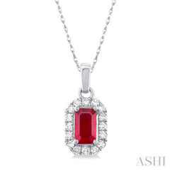 5x3 MM Octagonal Shape Ruby and 1/20 Ctw Single Cut Diamond Halo Precious Pendant with Chain in 10K White Gold 5x3 MM Octagonal Shape Ruby and 1/20 Ctw Single Cut Diamond Halo Precious Pendant with Chain in 10K White Gold
