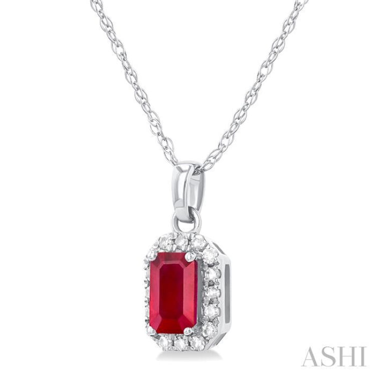 5x3 MM Octagonal Shape Ruby and 1/20 Ctw Single Cut Diamond Halo Precious Pendant with Chain in 10K White Gold 5x3 MM Octagonal Shape Ruby and 1/20 Ctw Single Cut Diamond Halo Precious Pendant with Chain in 10K White Gold