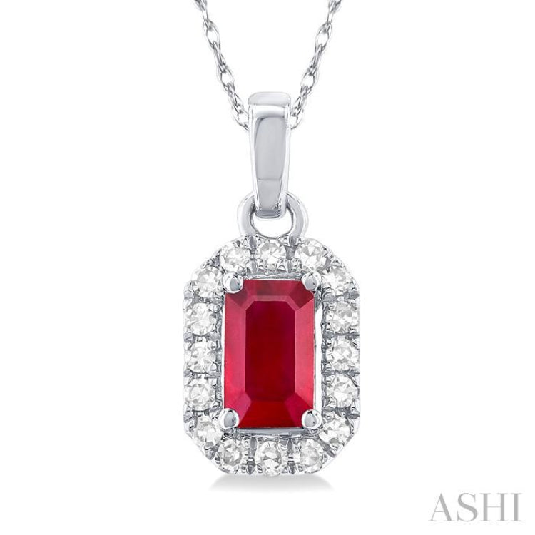 5x3 MM Octagonal Shape Ruby and 1/20 Ctw Single Cut Diamond Halo Precious Pendant with Chain in 10K White Gold 5x3 MM Octagonal Shape Ruby and 1/20 Ctw Single Cut Diamond Halo Precious Pendant with Chain in 10K White Gold