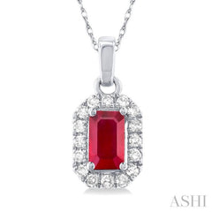 5x3 MM Octagonal Shape Ruby and 1/20 Ctw Single Cut Diamond Halo Precious Pendant with Chain in 10K White Gold 5x3 MM Octagonal Shape Ruby and 1/20 Ctw Single Cut Diamond Halo Precious Pendant with Chain in 10K White Gold