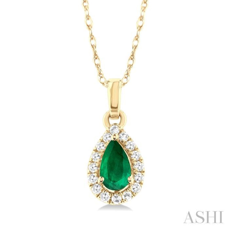 5x3 MM Pear Shape Emerald and 1/20 Ctw Single Cut Diamond Halo Precious Pendant with Chain in 10K Yellow Gold 5x3 MM Pear Shape Emerald and 1/20 Ctw Single Cut Diamond Halo Precious Pendant with Chain in 10K Yellow Gold