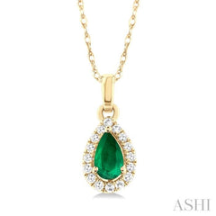 5x3 MM Pear Shape Emerald and 1/20 Ctw Single Cut Diamond Halo Precious Pendant with Chain in 10K Yellow Gold 5x3 MM Pear Shape Emerald and 1/20 Ctw Single Cut Diamond Halo Precious Pendant with Chain in 10K Yellow Gold