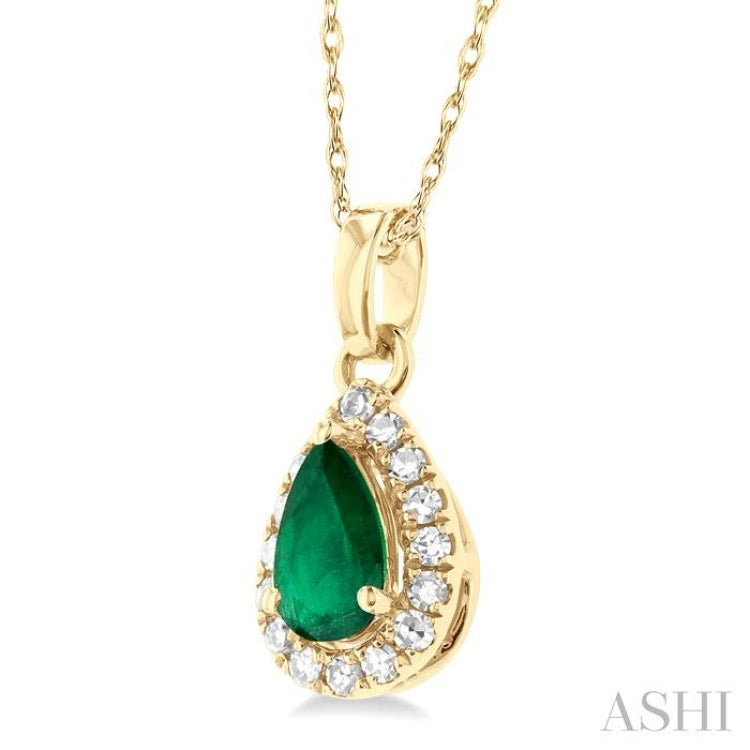5x3 MM Pear Shape Emerald and 1/20 Ctw Single Cut Diamond Halo Precious Pendant with Chain in 10K Yellow Gold 5x3 MM Pear Shape Emerald and 1/20 Ctw Single Cut Diamond Halo Precious Pendant with Chain in 10K Yellow Gold