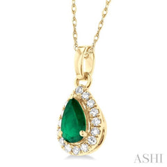 5x3 MM Pear Shape Emerald and 1/20 Ctw Single Cut Diamond Halo Precious Pendant with Chain in 10K Yellow Gold 5x3 MM Pear Shape Emerald and 1/20 Ctw Single Cut Diamond Halo Precious Pendant with Chain in 10K Yellow Gold