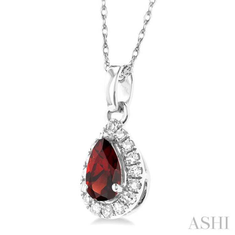5x3 MM Pear Shape Garnet and 1/20 Ctw Single Cut Diamond Halo Semi-Precious Pendant with Chain in 10K White Gold 5x3 MM Pear Shape Garnet and 1/20 Ctw Single Cut Diamond Halo Semi-Precious Pendant with Chain in 10K White Gold
