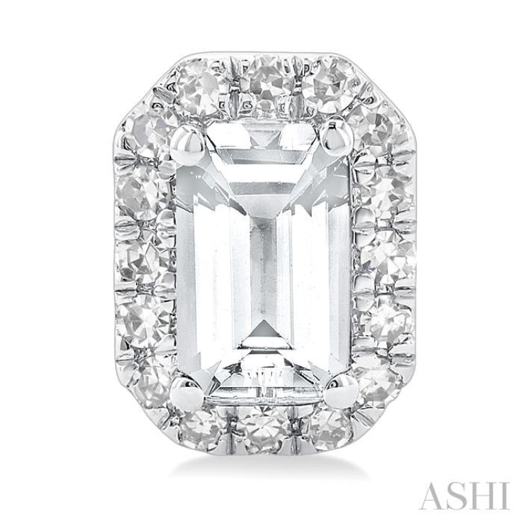 5x3 MM Octagonal Shape White Topaz and 1/8 Ctw Single Cut Diamond Halo Semi-Precious Stud Earrings in 10K White Gold 5x3 MM Octagonal Shape White Topaz and 1/8 Ctw Single Cut Diamond Halo Semi-Precious Stud Earrings in 10K White Gold