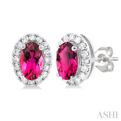 5x3 MM Oval Shape Pink Tourmaline and 1/8 Ctw Single Cut Diamond Halo Semi-Precious Stud Earrings in 14K White Gold 5x3 MM Oval Shape Pink Tourmaline and 1/8 Ctw Single Cut Diamond Halo Semi-Precious Stud Earrings in 14K White Gold