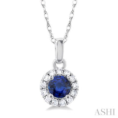 3.25 MM Round Sapphire and 1/20 Ctw Single Cut Diamond Halo Precious Pendant with Chain in 10K White Gold 3.25 MM Round Sapphire and 1/20 Ctw Single Cut Diamond Halo Precious Pendant with Chain in 10K White Gold