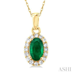 5x3 MM Oval Shape Emerald and 1/20 Ctw Single Cut Diamond Halo Precious Pendant with Chain in 14K Yellow Gold 5x3 MM Oval Shape Emerald and 1/20 Ctw Single Cut Diamond Halo Precious Pendant with Chain in 14K Yellow Gold