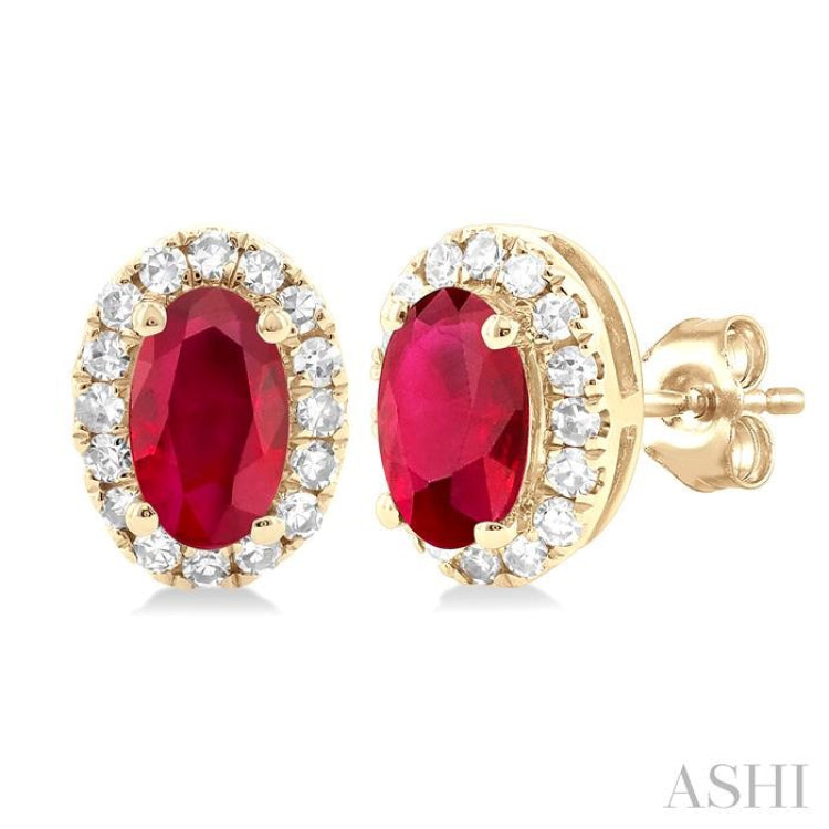 5x3 MM Oval Shape Ruby and 1/8 Ctw Single Cut Diamond Halo Precious Stud Earrings in 10K Yellow Gold 5x3 MM Oval Shape Ruby and 1/8 Ctw Single Cut Diamond Halo Precious Stud Earrings in 10K Yellow Gold