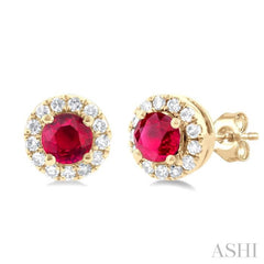 3.25 MM Round Ruby and 1/10 Ctw Single Cut Diamond Halo Precious Stud Earrings in 10K Yellow Gold 3.25 MM Round Ruby and 1/10 Ctw Single Cut Diamond Halo Precious Stud Earrings in 10K Yellow Gold
