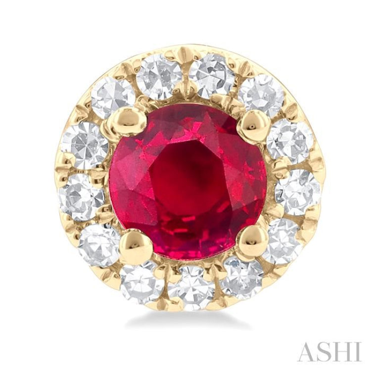 3.25 MM Round Ruby and 1/10 Ctw Single Cut Diamond Halo Precious Stud Earrings in 10K Yellow Gold 3.25 MM Round Ruby and 1/10 Ctw Single Cut Diamond Halo Precious Stud Earrings in 10K Yellow Gold