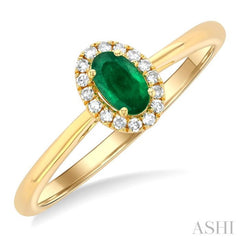 5x3 MM Oval Shape Emerald and 1/20 Ctw Single Cut Diamond Halo Precious Ring in 10K Yellow Gold 5x3 MM Oval Shape Emerald and 1/20 Ctw Single Cut Diamond Halo Precious Ring in 10K Yellow Gold