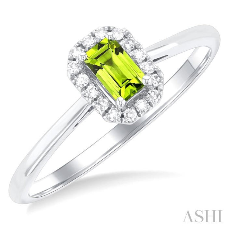 5x3 MM Octagonal Shape Peridot and 1/20 Ctw Single Cut Diamond Halo Semi-Precious Ring in 10K White Gold 5x3 MM Octagonal Shape Peridot and 1/20 Ctw Single Cut Diamond Halo Semi-Precious Ring in 10K White Gold