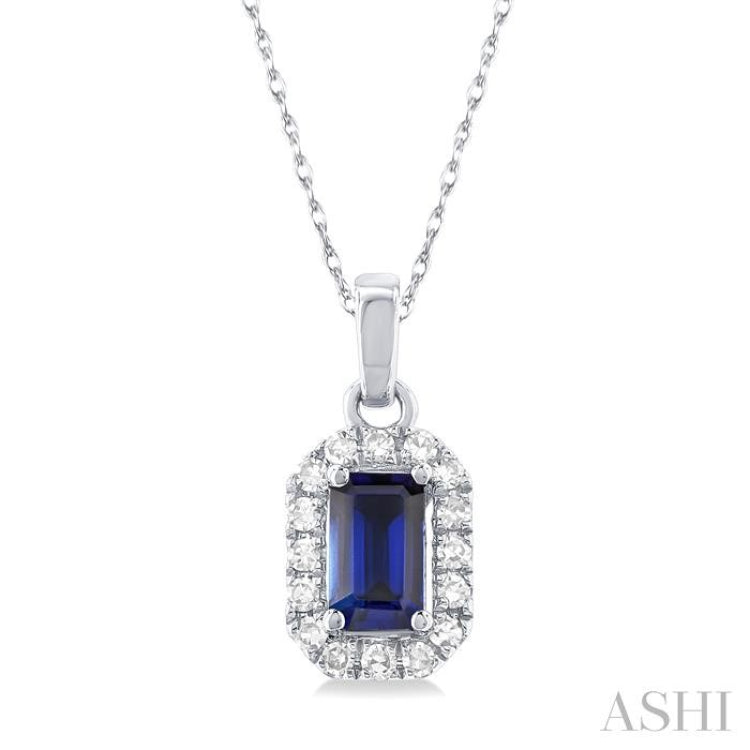 5x3 MM Octagonal Shape Sapphire and 1/20 Ctw Single Cut Diamond Halo Precious Pendant with Chain in 10K White Gold 5x3 MM Octagonal Shape Sapphire and 1/20 Ctw Single Cut Diamond Halo Precious Pendant with Chain in 10K White Gold