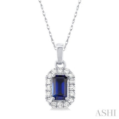 5x3 MM Octagonal Shape Sapphire and 1/20 Ctw Single Cut Diamond Halo Precious Pendant with Chain in 10K White Gold 5x3 MM Octagonal Shape Sapphire and 1/20 Ctw Single Cut Diamond Halo Precious Pendant with Chain in 10K White Gold