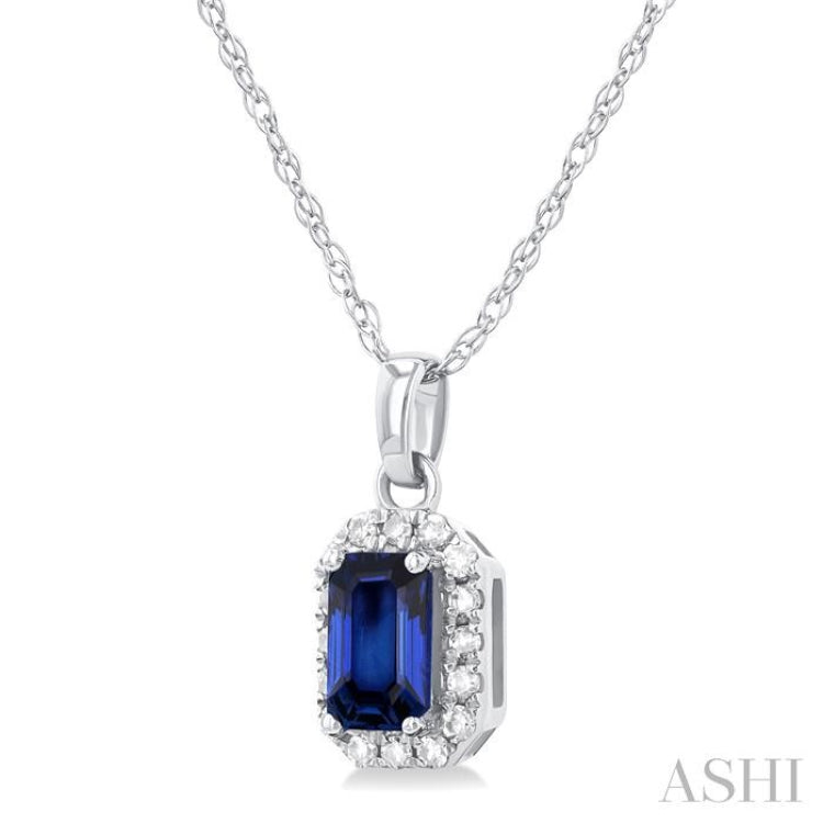 5x3 MM Octagonal Shape Sapphire and 1/20 Ctw Single Cut Diamond Halo Precious Pendant with Chain in 10K White Gold 5x3 MM Octagonal Shape Sapphire and 1/20 Ctw Single Cut Diamond Halo Precious Pendant with Chain in 10K White Gold
