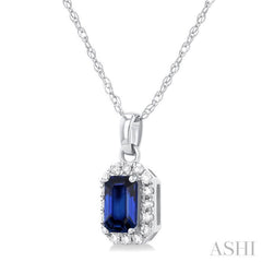 5x3 MM Octagonal Shape Sapphire and 1/20 Ctw Single Cut Diamond Halo Precious Pendant with Chain in 10K White Gold 5x3 MM Octagonal Shape Sapphire and 1/20 Ctw Single Cut Diamond Halo Precious Pendant with Chain in 10K White Gold