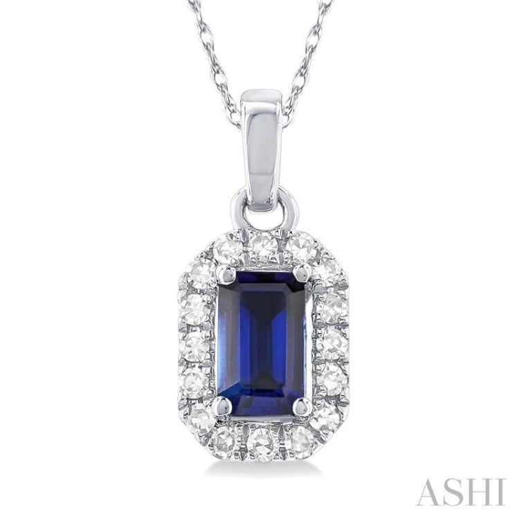 5x3 MM Octagonal Shape Sapphire and 1/20 Ctw Single Cut Diamond Halo Precious Pendant with Chain in 10K White Gold 5x3 MM Octagonal Shape Sapphire and 1/20 Ctw Single Cut Diamond Halo Precious Pendant with Chain in 10K White Gold