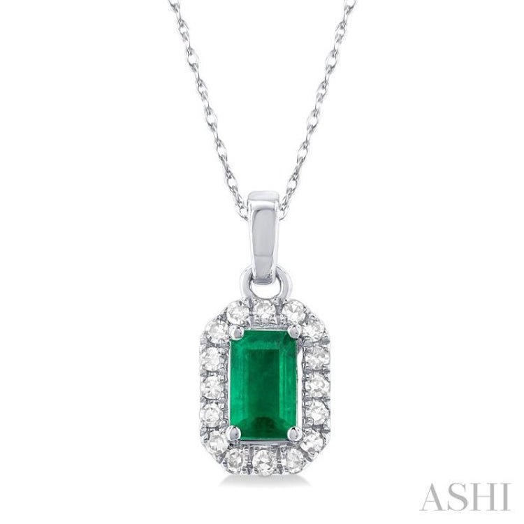 5x3 MM Octagonal Shape Emerald and 1/20 Ctw Single Cut Diamond Halo Precious Pendant with Chain in 10K White Gold 5x3 MM Octagonal Shape Emerald and 1/20 Ctw Single Cut Diamond Halo Precious Pendant with Chain in 10K White Gold