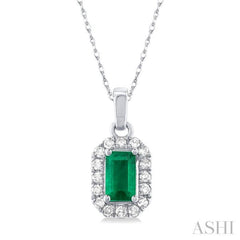5x3 MM Octagonal Shape Emerald and 1/20 Ctw Single Cut Diamond Halo Precious Pendant with Chain in 10K White Gold 5x3 MM Octagonal Shape Emerald and 1/20 Ctw Single Cut Diamond Halo Precious Pendant with Chain in 10K White Gold