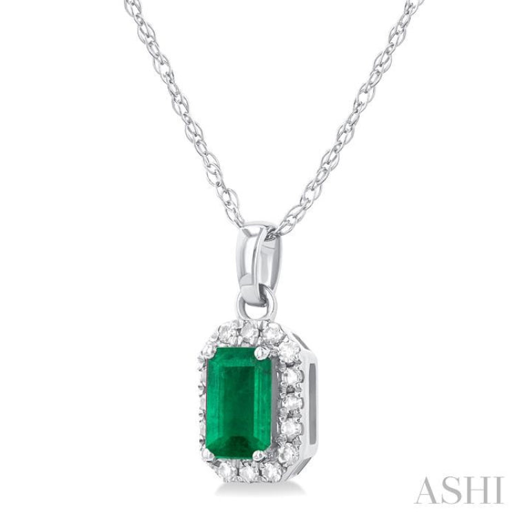 5x3 MM Octagonal Shape Emerald and 1/20 Ctw Single Cut Diamond Halo Precious Pendant with Chain in 10K White Gold 5x3 MM Octagonal Shape Emerald and 1/20 Ctw Single Cut Diamond Halo Precious Pendant with Chain in 10K White Gold