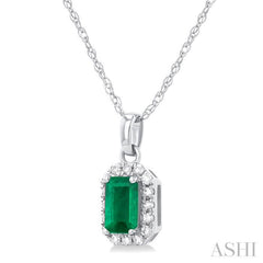 5x3 MM Octagonal Shape Emerald and 1/20 Ctw Single Cut Diamond Halo Precious Pendant with Chain in 10K White Gold 5x3 MM Octagonal Shape Emerald and 1/20 Ctw Single Cut Diamond Halo Precious Pendant with Chain in 10K White Gold