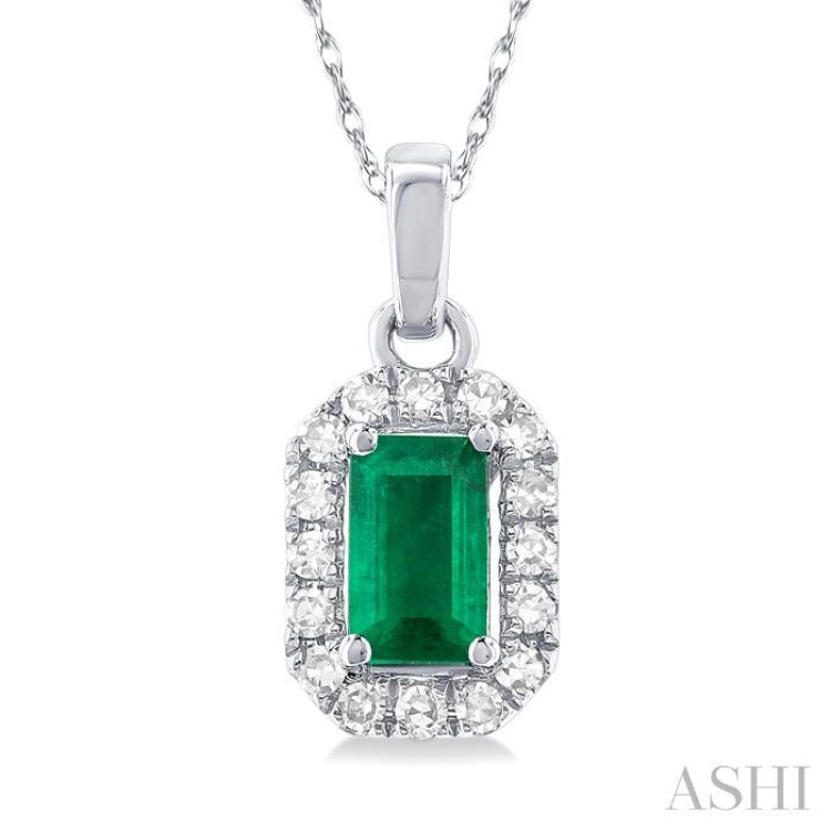 5x3 MM Octagonal Shape Emerald and 1/20 Ctw Single Cut Diamond Halo Precious Pendant with Chain in 10K White Gold 5x3 MM Octagonal Shape Emerald and 1/20 Ctw Single Cut Diamond Halo Precious Pendant with Chain in 10K White Gold