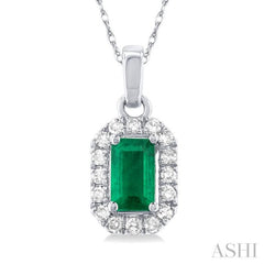 5x3 MM Octagonal Shape Emerald and 1/20 Ctw Single Cut Diamond Halo Precious Pendant with Chain in 10K White Gold 5x3 MM Octagonal Shape Emerald and 1/20 Ctw Single Cut Diamond Halo Precious Pendant with Chain in 10K White Gold