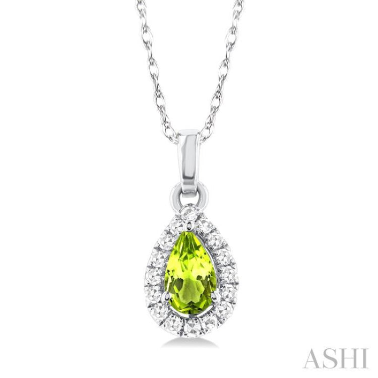 5x3 MM Pear Shape Peridot and 1/20 Ctw Single Cut Diamond Halo Semi-Precious Pendant with Chain in 10K White Gold 5x3 MM Pear Shape Peridot and 1/20 Ctw Single Cut Diamond Halo Semi-Precious Pendant with Chain in 10K White Gold