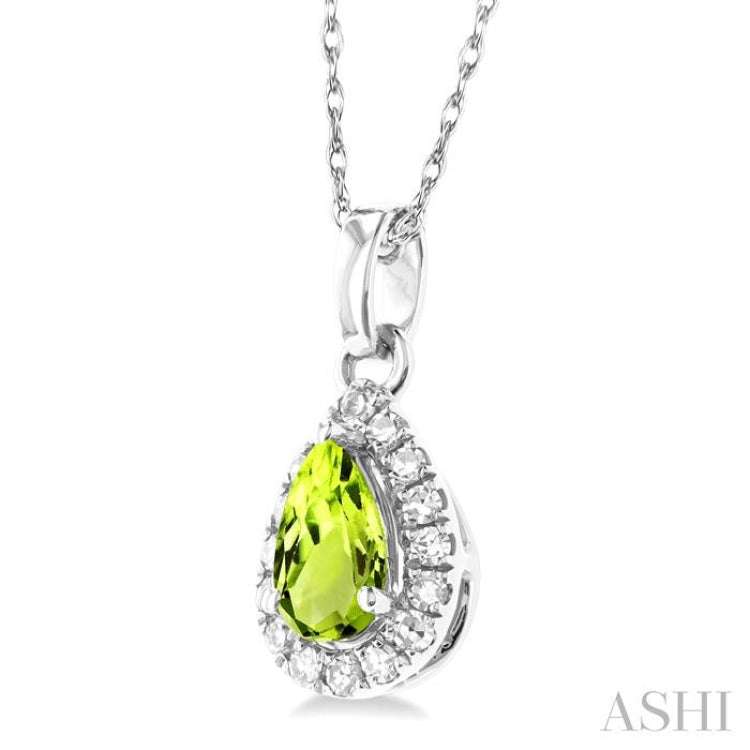 5x3 MM Pear Shape Peridot and 1/20 Ctw Single Cut Diamond Halo Semi-Precious Pendant with Chain in 10K White Gold 5x3 MM Pear Shape Peridot and 1/20 Ctw Single Cut Diamond Halo Semi-Precious Pendant with Chain in 10K White Gold