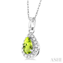5x3 MM Pear Shape Peridot and 1/20 Ctw Single Cut Diamond Halo Semi-Precious Pendant with Chain in 10K White Gold 5x3 MM Pear Shape Peridot and 1/20 Ctw Single Cut Diamond Halo Semi-Precious Pendant with Chain in 10K White Gold