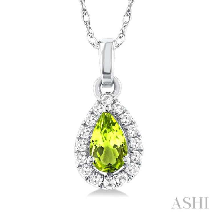 5x3 MM Pear Shape Peridot and 1/20 Ctw Single Cut Diamond Halo Semi-Precious Pendant with Chain in 10K White Gold 5x3 MM Pear Shape Peridot and 1/20 Ctw Single Cut Diamond Halo Semi-Precious Pendant with Chain in 10K White Gold