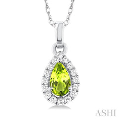 5x3 MM Pear Shape Peridot and 1/20 Ctw Single Cut Diamond Halo Semi-Precious Pendant with Chain in 10K White Gold 5x3 MM Pear Shape Peridot and 1/20 Ctw Single Cut Diamond Halo Semi-Precious Pendant with Chain in 10K White Gold