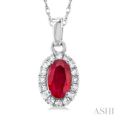 5x3 MM Oval Shape Ruby and 1/20 Ctw Single Cut Diamond Halo Precious Pendant with Chain in 14K White Gold 5x3 MM Oval Shape Ruby and 1/20 Ctw Single Cut Diamond Halo Precious Pendant with Chain in 14K White Gold