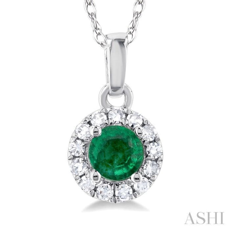 3.25 MM Round Emerald and 1/20 Ctw Single Cut Diamond Halo Precious Pendant with Chain in 10K White Gold 3.25 MM Round Emerald and 1/20 Ctw Single Cut Diamond Halo Precious Pendant with Chain in 10K White Gold