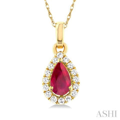 5x3 MM Pear Shape Ruby and 1/20 Ctw Single Cut Diamond Halo Precious Pendant with Chain in 14K Yellow Gold 5x3 MM Pear Shape Ruby and 1/20 Ctw Single Cut Diamond Halo Precious Pendant with Chain in 14K Yellow Gold