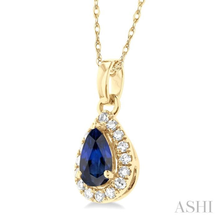 5x3 MM Pear Shape Sapphire and 1/20 Ctw Single Cut Diamond Halo Precious Pendant with Chain in 10K Yellow Gold 5x3 MM Pear Shape Sapphire and 1/20 Ctw Single Cut Diamond Halo Precious Pendant with Chain in 10K Yellow Gold