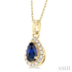 5x3 MM Pear Shape Sapphire and 1/20 Ctw Single Cut Diamond Halo Precious Pendant with Chain in 10K Yellow Gold 5x3 MM Pear Shape Sapphire and 1/20 Ctw Single Cut Diamond Halo Precious Pendant with Chain in 10K Yellow Gold