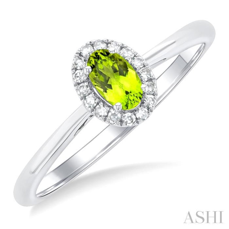 5x3 MM Oval Shape Peridot and 1/20 Ctw Single Cut Diamond Halo Semi-Precious Ring in 14K White Gold 5x3 MM Oval Shape Peridot and 1/20 Ctw Single Cut Diamond Halo Semi-Precious Ring in 14K White Gold