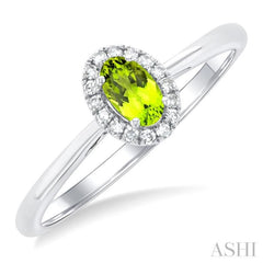 5x3 MM Oval Shape Peridot and 1/20 Ctw Single Cut Diamond Halo Semi-Precious Ring in 14K White Gold 5x3 MM Oval Shape Peridot and 1/20 Ctw Single Cut Diamond Halo Semi-Precious Ring in 14K White Gold