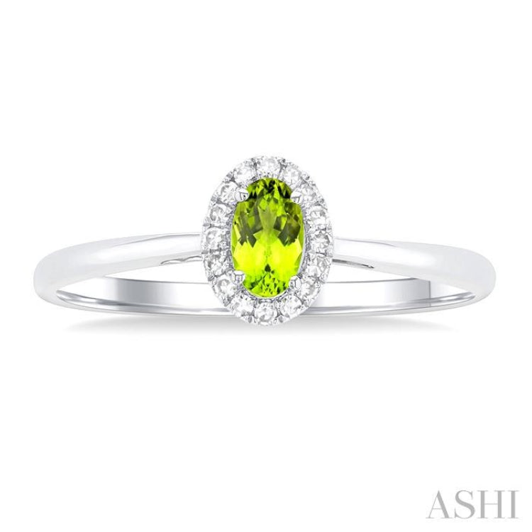 5x3 MM Oval Shape Peridot and 1/20 Ctw Single Cut Diamond Halo Semi-Precious Ring in 14K White Gold 5x3 MM Oval Shape Peridot and 1/20 Ctw Single Cut Diamond Halo Semi-Precious Ring in 14K White Gold