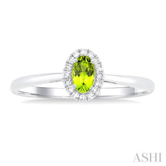 5x3 MM Oval Shape Peridot and 1/20 Ctw Single Cut Diamond Halo Semi-Precious Ring in 14K White Gold 5x3 MM Oval Shape Peridot and 1/20 Ctw Single Cut Diamond Halo Semi-Precious Ring in 14K White Gold