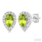 5x3 MM Pear Shape Peridot and 1/8 Ctw Single Cut Diamond Halo Semi-Precious Stud Earrings in 10K White Gold
