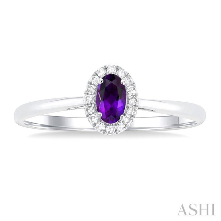 5x3 MM Oval Shape Amethyst and 1/20 Ctw Single Cut Diamond Halo Semi-Precious Ring in 10K White Gold 5x3 MM Oval Shape Amethyst and 1/20 Ctw Single Cut Diamond Halo Semi-Precious Ring in 10K White Gold