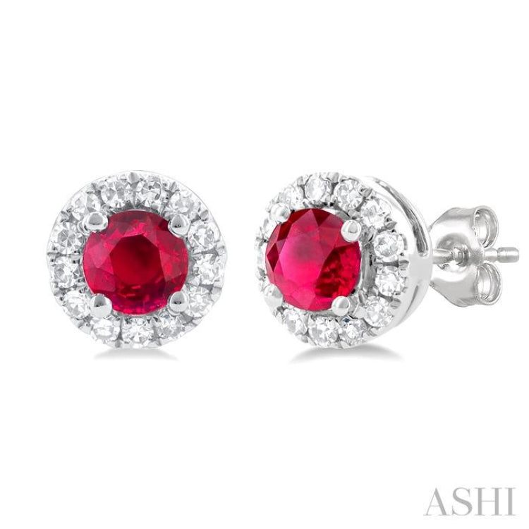 3.25 MM Round Ruby and 1/10 Ctw Single Cut Diamond Halo Precious Stud Earrings in 10K White Gold 3.25 MM Round Ruby and 1/10 Ctw Single Cut Diamond Halo Precious Stud Earrings in 10K White Gold